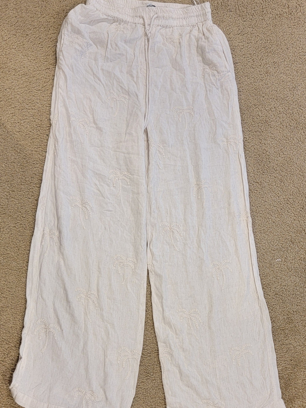 Blue Island Cream Linen Embroidered Palm Tree Pants Size S